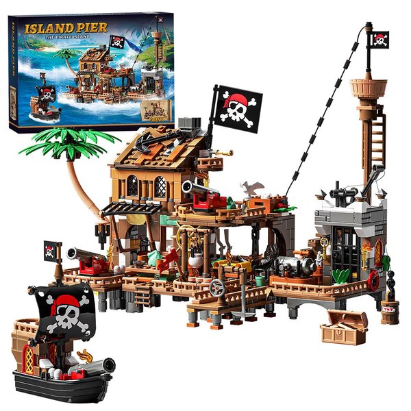 RiceBlock Pirate Town House Building Sets, Pirate Wharf Supply Center Building Block Set, 868 Pieces Compatible with Lego Sets, Ideal Gifts for New Year