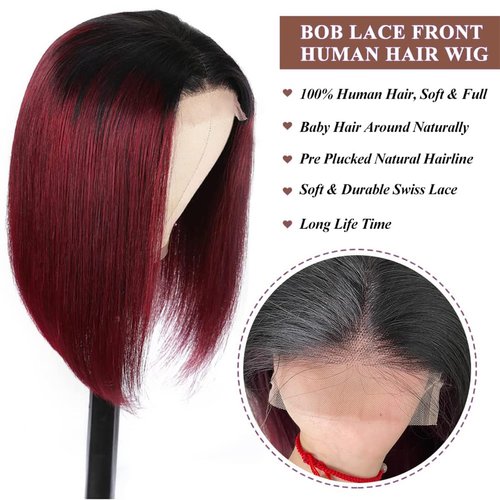 Kislemon 1b99J HD Lace Front Wigs for Black Women 13x4 Deep Part Grade 10A Burgundy Straight Bob Human Hair Wigs 180% Density Pre Plucked Natural Hairline With Baby Hair 10 Inch