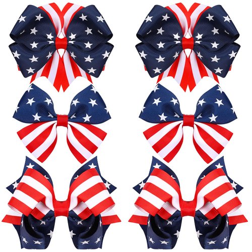 Whaline 6Pcs Patriotic Hair Bow Clips American Flag Hair Barrettes Blue Red White Stars Stripe Hairgrips 4th of July Hair Accessories for Independence Day Memorial Day Party Supplies, 3 Designs