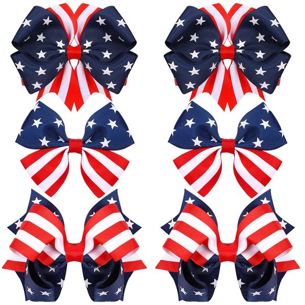 Whaline 6Pcs Patriotic Hair Bow Clips American Flag Hair Barrettes Blue Red White Stars Stripe Hairgrips 4th of July Hair Accessories for Independence Day Memorial Day Party Supplies, 3 Designs