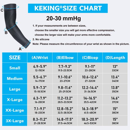 KEKING® Compression Arm Sleeves, Pair, Firm 20-30mmHg Graduated Compression Full Arm Support for Recovery, Pain Relief, Tendonitis, Golfers & Tennis Elbow Brace, Workouts Sports - Latex Free Grey 3XL