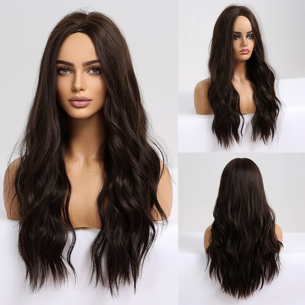 BERON Brown Wigs Long Wavy Wig for Women Dark Brown Curly Heat Resistant Synthetic Hair Wigs for Daily Used with Wig Cap