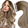 LaaVoo Tape in Human Hair Extensions Balayage Ombre Real Human Hair Extensions Tape in Remy Hair Extensions Light Brown Fading to Platinum Blonde with Brown 20pcs 50g 14 Inch