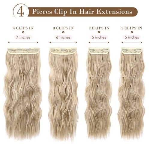 REECHO Hair Extensions, 4PCS Clip in Hair Extensions HE001 Natural Soft Synthetic Hairpieces for Women, Dark Ash Blonde
