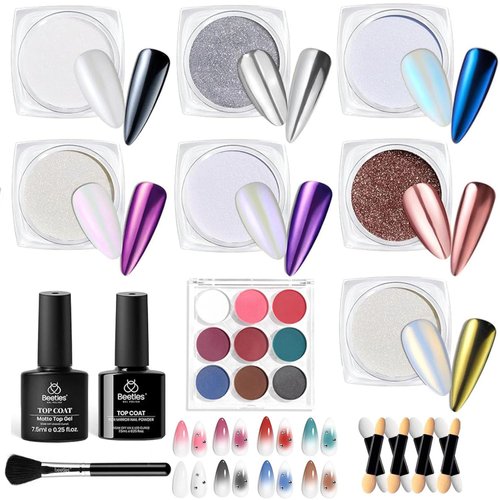 Beetles Metallic Chrome Nail Powder Kit, Mirror Effect Holographic Nail Gradient Powder Set & Nail Art Stickers Decals with 2Pcs 7.5ml Top Coat for DIY Nails Art Decoration, 16 Colors 0.5g/Jar