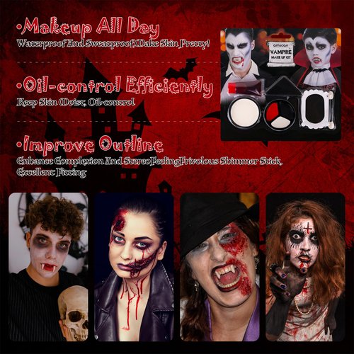 Black White Red Cream Face Body Paint Set + Halloween Vampire Teeth + Washable Fake Blood, Body Painting Kit for Halloween Clown Makeup, Cosplay, Costume, SFX Special Effect, Theme Parties