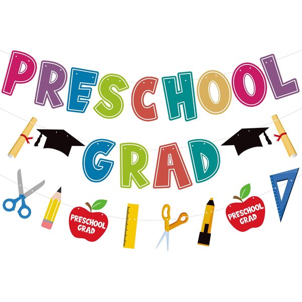 Preschool Graduation Banner 2024, Preschool Graduation Party Decorations 2024, Elementary Graduation Party Supplies Kindergarten Pre K Congrats Grad Supplies (Pre-assembled) - 3Packs