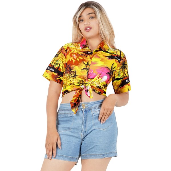 LA LEELA Button Down Shirt for Women Casual Summer Beach Party Colorful Blouses Shirt Blouse Short Sleeve Tropical Vacation Dress Shirts Tank Top Women XL Palm Tree View, Orange