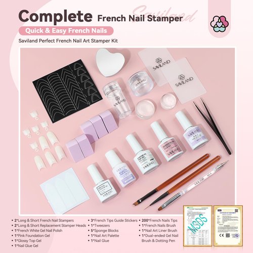 Saviland French Manicure Kit with Everything: Silicone French Tip Nail Stamp French Nails Kit for Beginners Easy French Nail Brush French Nail Tips Guide Stickers Fast French Tip Tool Acrylic Nail Kit