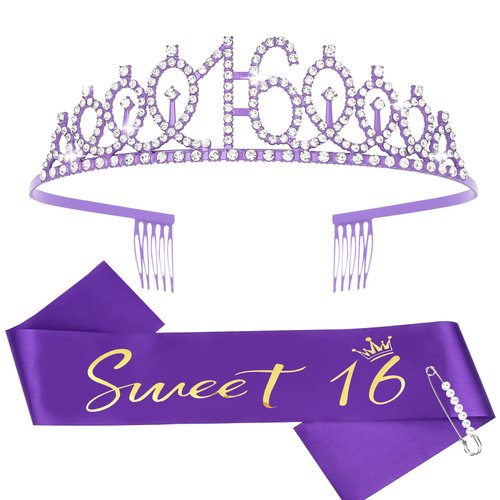 Casoty 16th Birthday Sash and Tiara for Girls, Sweet 16 Party Decorations, Purple Sweet 16 Sash and Tiara Set for Girls, 16 Birthday Decorations for Girls