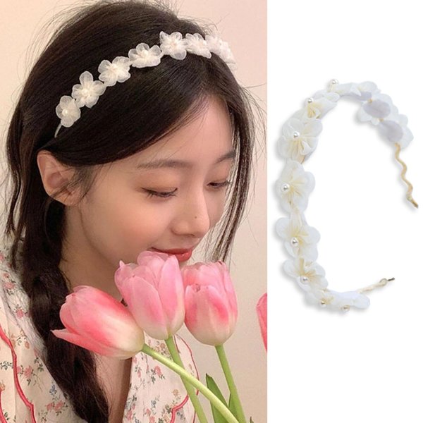 AIUPUOC Flower Headband French White Floral Hair Band Spring Hair Accessories Girls Flower Headband with Pearl Design Pearl Headband