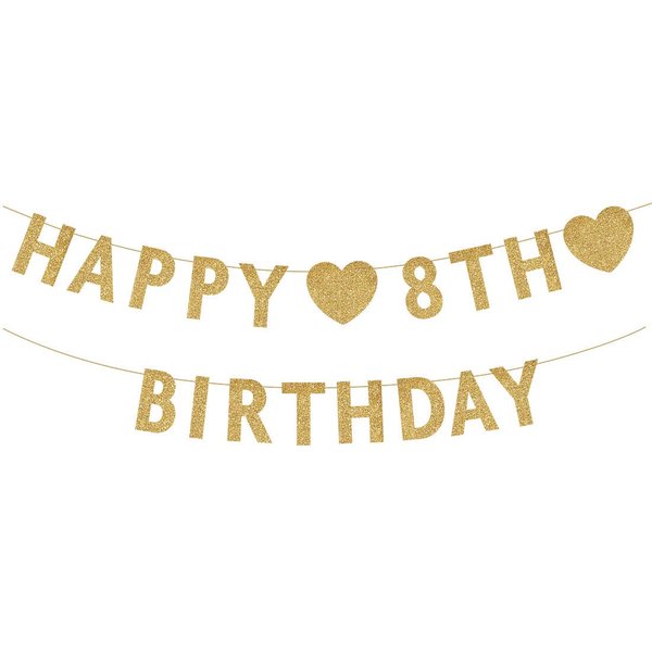Gold Happy 8th Birthday Banner, Glitter 8 Years Old Boy or Girl Party Decorations, Supplies