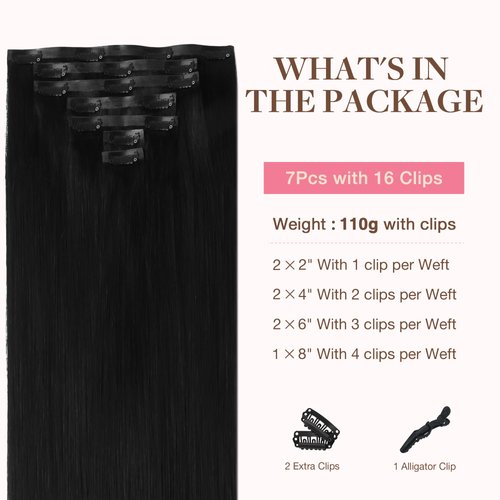 GOO GOO Clip in Hair Extensions Real Human Hair, Remy Human Hair Extensions Clip ins for Women, Natural Human Hair, 18inch 110g 7Pcs, 1 Jet black