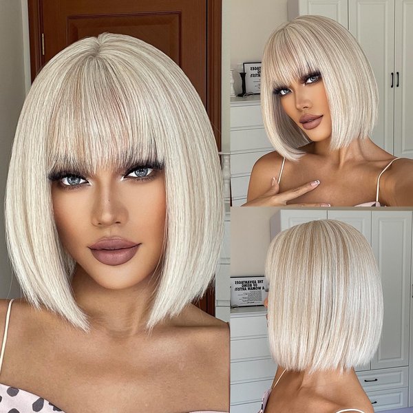 Allbell Mixed White Blonde Bob Wigs for Women Short Bob Wigs with Bangs Synthetic Cosplay Halloween Wig Heat Resistant Fiber
