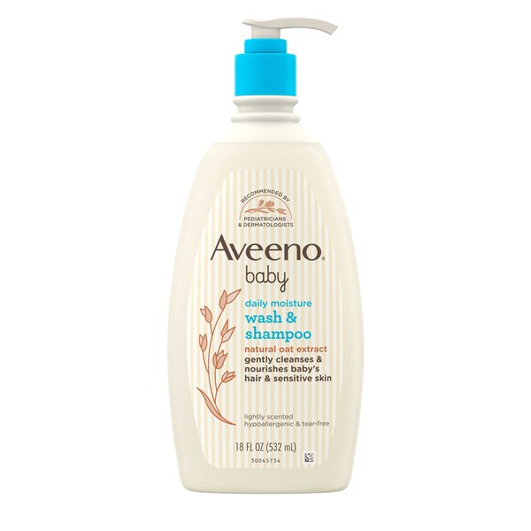 Aveeno Baby Daily Moisture Gentle Bath Wash & Shampoo with Natural Oat Extract, Hypoallergenic, Tear-Free & Paraben-Free Formula For Sensitive Hair & Skin, Lightly Scented, 18 fl. oz