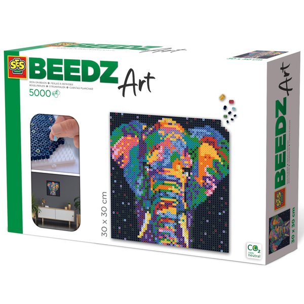 SES Creative: Beedz Art - Elephant Fantasy - Iron-On Beads Set - 500 Fusible Beads, 12x12 Animal Design Wall Art, DIY Craft Activity, Teens & Adults