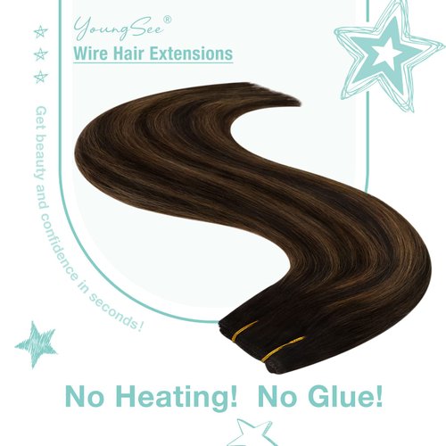 [For Wedding] YoungSee Wire Real Hair Extensions Brown Balayage Wire Couture Hair Extensions Human Hair Balayage Darkest Brown with Medium Brown Hair Wire Extensions Quick and Easy to Install 80G 16In