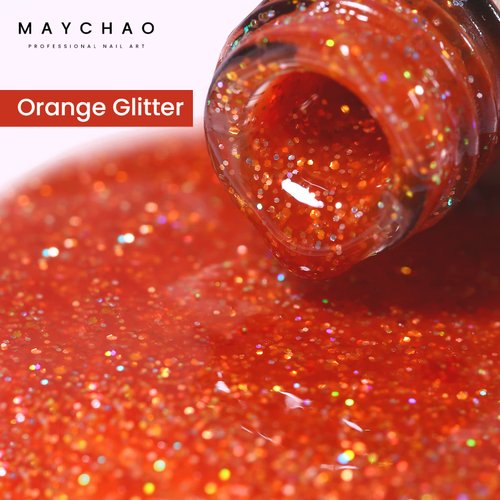 MAYCHAO 15ML Orange Glitter Gel Nail Polish 1Pc Orange Shimmer Gel Polish Soak Off UV LED Nail Polish Nail Art Starter Manicure Salon DIY at Home, 0.5 OZ