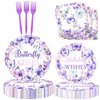 121 Pcs Butterfly Kisses Birthday Wishes Party Decor Butterfly Paper Plates Napkins Forks Cups Tablecloth Banner Dinnerware for Butterfly Baby Shower 1st 2nd 3rd 4th Bday Party Supplies Decorations