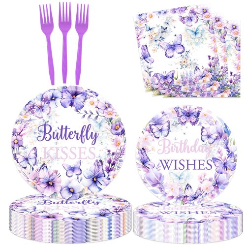 121 Pcs Butterfly Kisses Birthday Wishes Party Decor Butterfly Paper Plates Napkins Forks Cups Tablecloth Banner Dinnerware for Butterfly Baby Shower 1st 2nd 3rd 4th Bday Party Supplies Decorations
