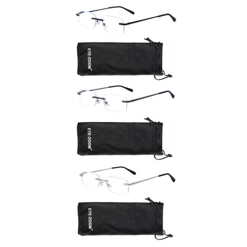 EYE ZOOM 3 Pack Classic Rectangluar Metal Frame Rimless Reading Glasses for Men and Women (Black, Gunmetal and Silver, 1.00)