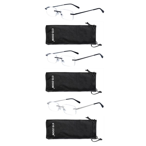 EYE ZOOM 3 Pack Classic Rectangluar Metal Frame Rimless Reading Glasses for Men and Women (Black, Gunmetal and Silver, 1.00)