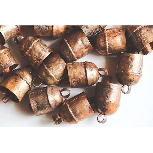 metalart Handmade Vintage Indian Tin Bells Rustic Chime With Wood Striker Tin Cow Bells For Crafts Anniversary Cattle Party Favors Wall Art Orchard Garden Art ( 5 Bells In 1 Set ) (Size -B)