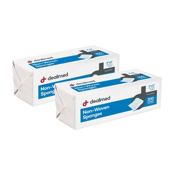 Dealmed 3" x 3" Non-Woven Gauze Sponge - 4-Ply All-Purpose Non-Sterile Gauze Pads, Absorbent Dental Gauze Wound Care Product for First Aid Kit/Medical Facilities, 200 Count (Pack of 2)