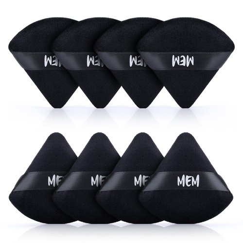 MEM Triangle Powder Puff - 8 Pcs Soft Velour Makeup Puffs for Face Powder Loose Powder Application, Wet and Dry Use, Sponge Beauty Makeup Tools, Skin-Friendly, with Satin Ribbon for Easy Handling
