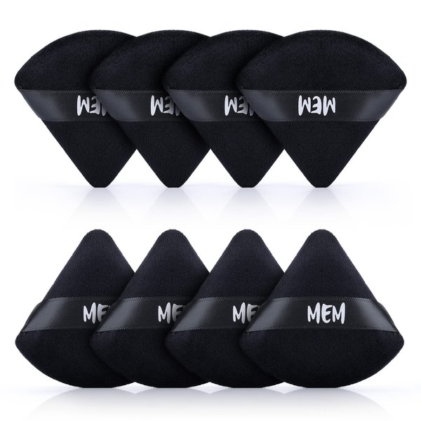 MEM Triangle Powder Puff - 8 Pcs Soft Velour Makeup Puffs for Face Powder Loose Powder Application, Wet and Dry Use, Sponge Beauty Makeup Tools, Skin-Friendly, with Satin Ribbon for Easy Handling