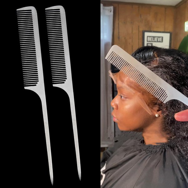 2 Pieces Metal Rat Tail Comb for Wigs Stainless Steel Hair Comb for DIY Hot Comb, Flat Ironing Metal Comb for Wigs Women, Metal Hair Comb for Styling Hair Melting Lace Laying Frontal