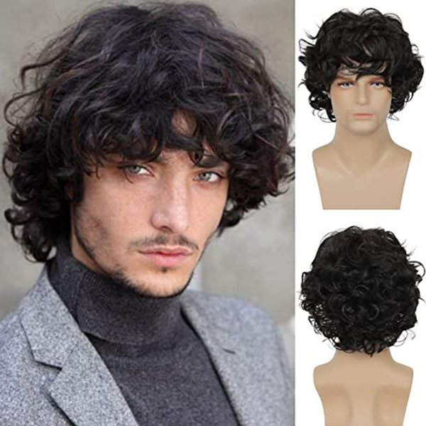Beweig Mens Short Curly Black Wig with Bang Synthetic Cosplay Halloween Costume Party Natural Hair Wig