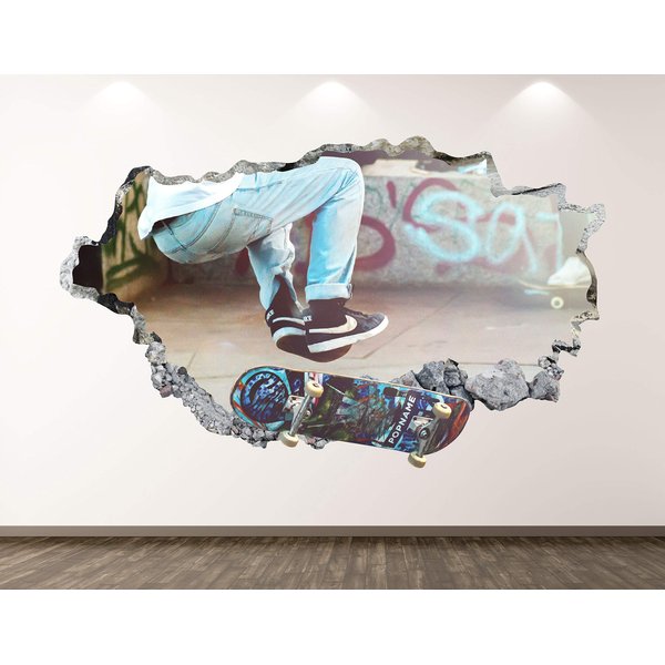 Skater Wall Decal Art Decor 3D Smashed Sport Skateboard Sticker Mural Kids Room Custom Gift BL109 (70"W x 40"H)