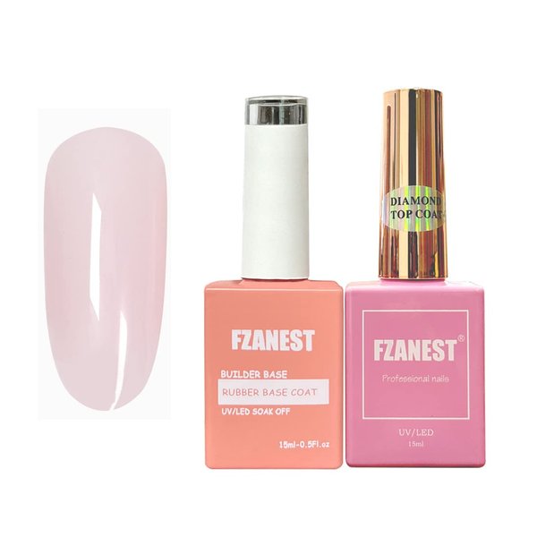 FZANEST Nude Builder Gel For Nails and Diamond Top Coat Set,Natural Base Color Rubber Base Gel Polish High Shine Finish Kit,Self-leveling Nail Structure Extension Gel No Wipe Top