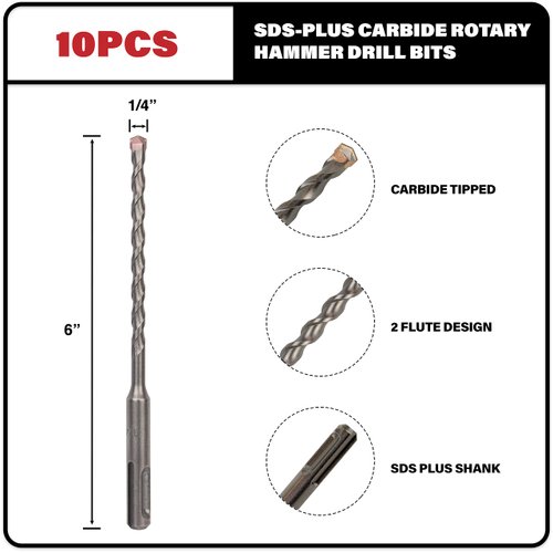 Sabre Tools 10-Pack 1/4 Inch x 6 Inch SDS Plus Rotary Hammer Drill Bits, Carbide Tipped for Brick, Stone and Concrete (1/4” x 4" x 6")