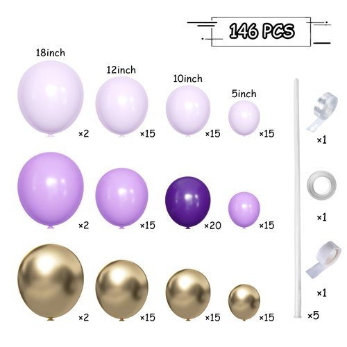 MEBAY Grey Violet Maca Purple Gold Balloons Garland Arch Kit, 146Pcs Latex Balloons Different Sizes 18 12 10 5 Inch for Party Decoration Birthday Wedding Engagements Anniversary Baby Shower