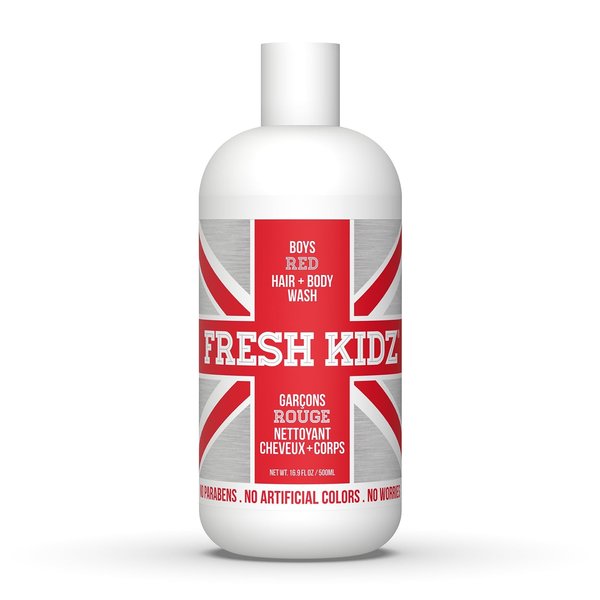 Fresh Kidz Body Wash for Kids and Teens - Gentle Bath and Shower Cleanser for All Skin Types - Boys Red, 16.9 fl.oz.