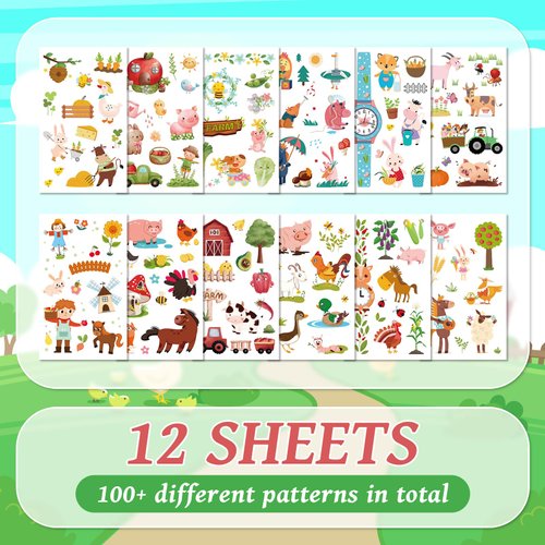 EMOME 120 Styles Farm Animal Stickers Tattoos for Kids, Animal Temporary Tattoos for Farm Birthday Decorations, Farm Animal Party Favors Supplies Games Goodie Bags (12 Sheets)