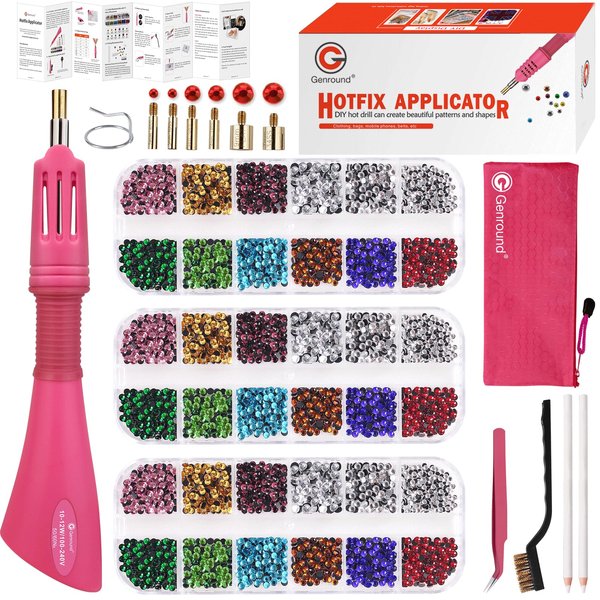 Genround Hotfix Rhinestones Applicator, Hotfix Applicator Tool Iron-on Wand Tool Set with 3 Boxes of Flat Back Gems Round Crystal Rhinestones/Storage Box/Tweezer/Gems Picking Pen for Clothes Shoes