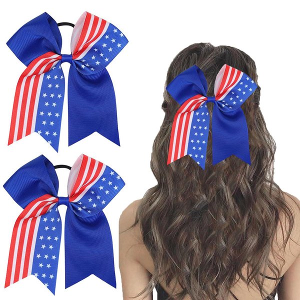 WRBAJIS American Flag Hair Bows Ties Elastic 4th of July Ribbon Hair Bands Ponytail Holder Patriotic Hair Accessories for Women Girls Parade Party Favor Supplies 2Pcs