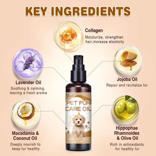 Pjordo Pet Fur Care Oil, 3.38 FL OZ Natural Oils with Collagen for Detangles, Reduces Shedding, Shiny & Silky Coat, Leave-in Conditioner for Dogs & Cats