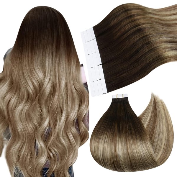 Ugeat 22inch Hair Tape in Extensions for Women Brown to Blonde Tape in Remy Human Hair Extensions Dark Brown Mix Medium Brown with Light Blonde Balayage Invisible Tape in Hair Extensions 20Pcs 50G