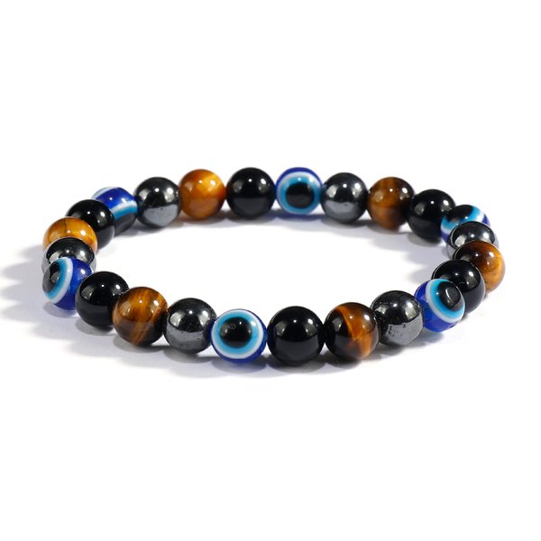 Quadruple protection evil eye bracelets for men （evil eye, tigers eye,hematite, obsidian）A handmade beaded crystal healing bracelet that can bring luck, happiness and protection(8mm elastic)