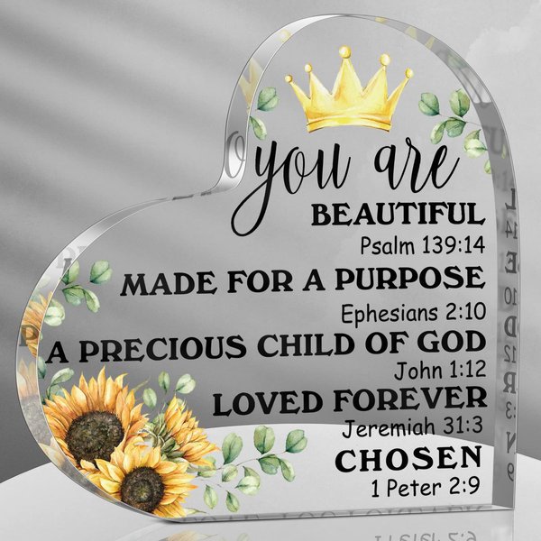 Religious Gifts for Women Inspirational Christian Gifts Bible Verses Decor Religious Gifts Paperweight Keepsake Prayer Room Decor Acrylic Hearts Decoration for Friend Home Office (Sunflower)