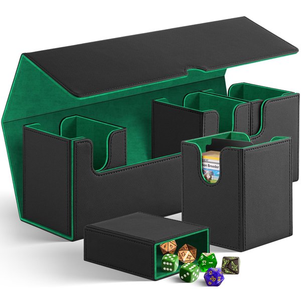Card Deck Case for MTG Commander Cards, 4 Deck Card Box with Dice Tray Leather Magnetic Closure Card Storage Box Holds 400+ Sleeved Cards Magic Fit for MTG TTG and Sport Cards