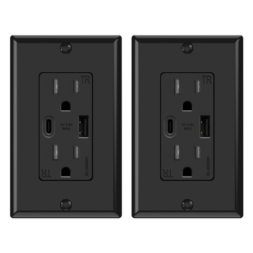 ELEGRP USB Wall Outlets, 15 Amp USB C Wall Outlets Receptacles, Outlets with USB A and USB C Ports, Tamper Resistant Receptacle, Wall Plate Included, UL Listed, 2 Pack, Black