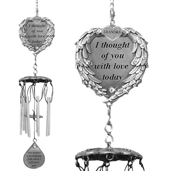 Memorial Windchime for Grandma - I Thought of You with Love Today Poem - Heart Shaped Angel Wings with Silver Grandma Charm - Sympathy Gifts Loss of a Grandmother