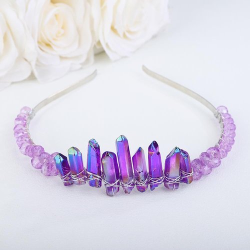 Teyglen Purple Raw Crystal Quartz Headband Clear Crystal Headband Moon Goddess Hair Band Hoop Mermaid Witch Bride Headpiece Hair Accessories for Women Girls (Purple)
