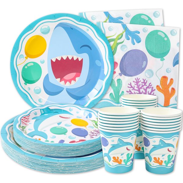 Shark Birthday Party Supplies (Serves 24) Dinner Plates, Dessert Plates, Cups, Napkins. Shark Party Decorations for Baby Showers, Kids, Boys, Girls and More