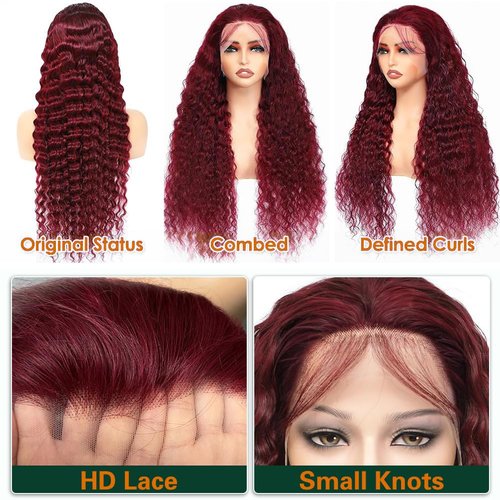 Ptgat 99J Burgundy Deep Wave Lace Front Wigs Human Hair for Women 200% Density 13x4 Transparent Lace Frontal Wigs Glueless Deep Wave Lace Front Wig Pre Plucked Brazilian Human Hair Wig 24 Inch